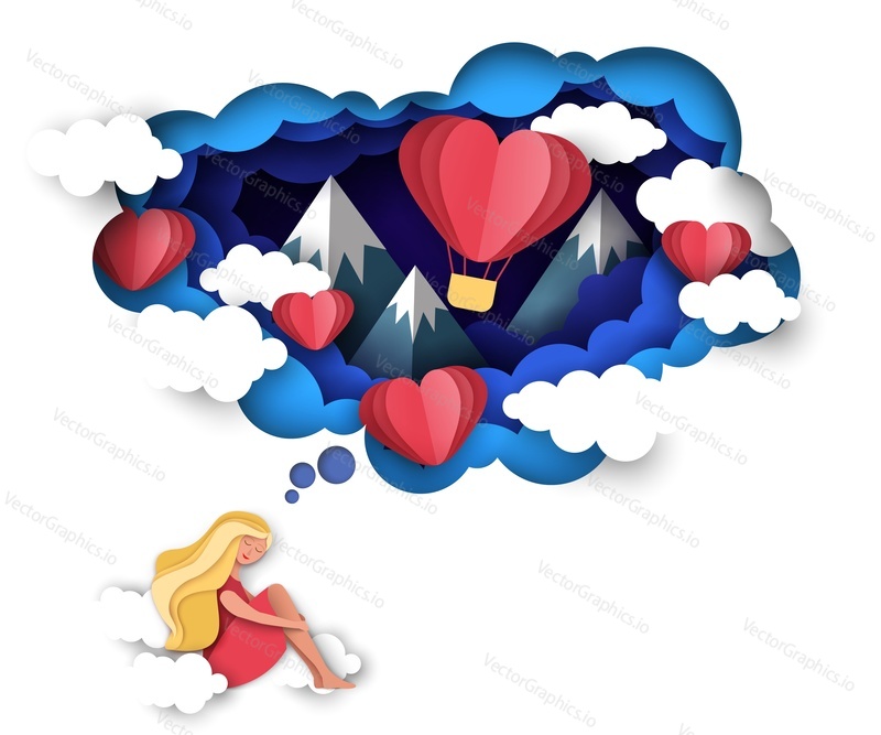 Vector layered paper cut style sky with clouds, flying heart hot air balloon, cute girl falling in love sitting on fluffy clouds. Sweet dreams about love concept. Valentines Day greeting card template