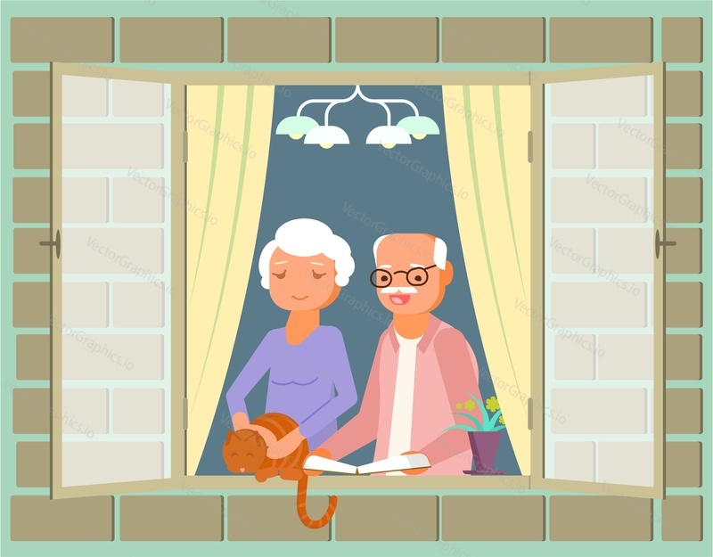 Elderly couple standing at the window, vector flat illustration. Stay home, quarantine preventive measures to stay healthy during corona virus pandemic. Novel virus COVID-19 disease spread prevention.