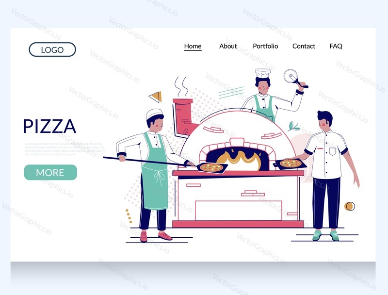 Pizza vector website template, web page and landing page design for website and mobile site development. Professional pizzeria restaurant chefs making italian pizza in traditional wood-fired oven.