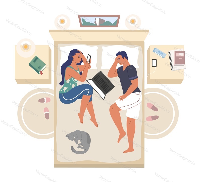 Family couple lying on the bed using mobile phone and laptop computer, flat vector top view illustration. Bedroom interior, young man and woman with modern gadgets, pet cat lying on the bed.
