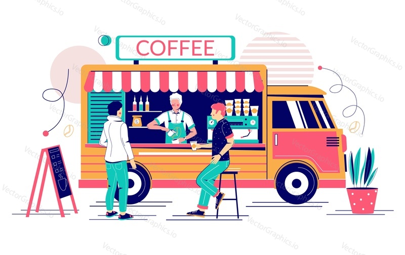 Coffee truck with barista making hot energy drink for young man, vector flat illustration. Street food van, mobile coffee shop, cafe on wheels, food bus concept for web banner, website page etc.