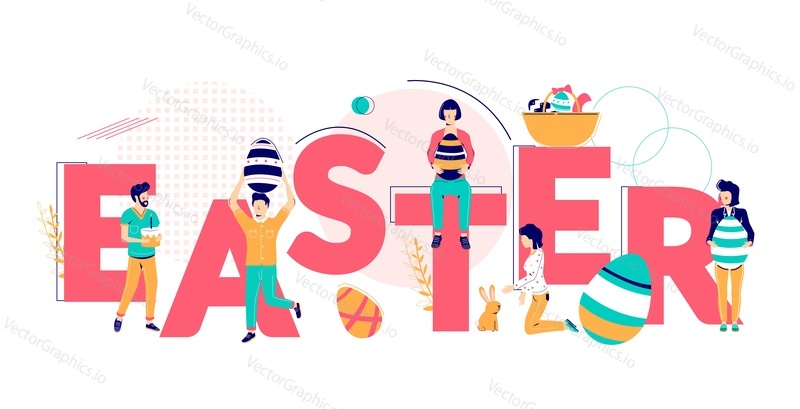Happy Easter typography banner template, vector flat illustration. People with Easter basket, painted egg, cake. Spring holiday festival and fair advertising concept.