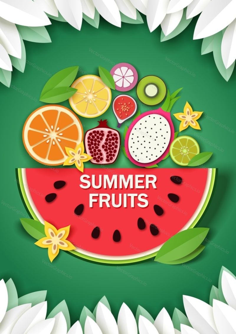 Vector paper cut craft style floral frame with delicious summer fruits. Creative summer food composition of sweet watermelon slice and tropical fruits on green background.