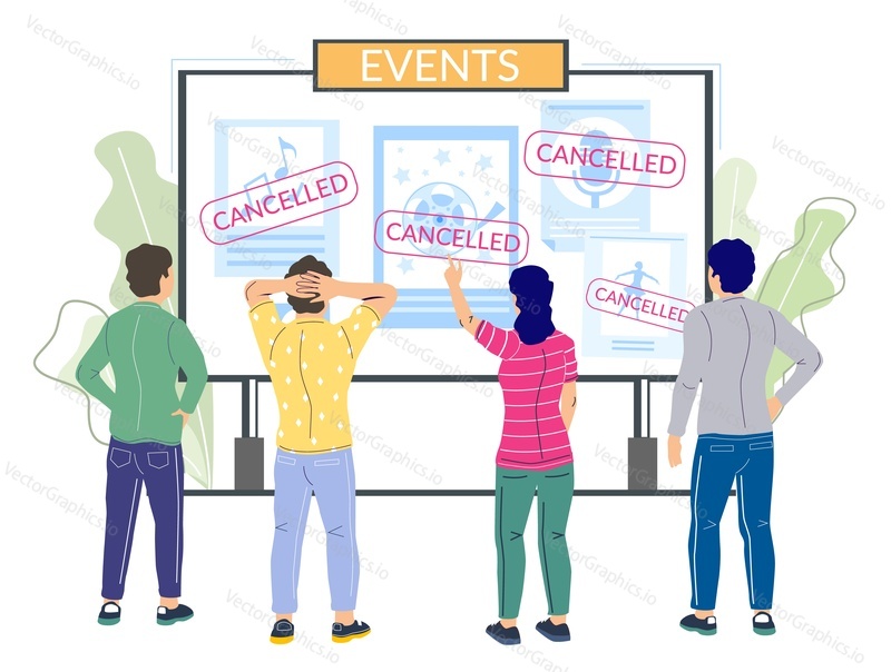 Cancelled events due to corona virus pandemic, vector flat illustration. Cancellation of mass gatherings sports events, films or musical shows. Corona virus respiratory disease COVID-19 prevention.