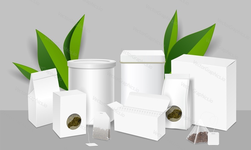Tea package mockup set, vector illustration. Realistic blank open and closed, round and rectangular tea packaging boxes, pouches with transparent windows and teabags.