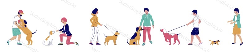 Happy male and female characters walking and playing with pet dogs, vector flat illustration isolated on white background. Dog walkers, trainers.