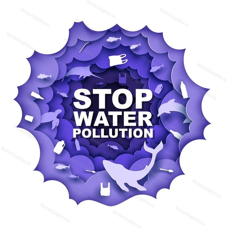 Stop water pollution, vector poster design template. Paper cut craft style underwater world, marine animals, plastic trash silhouettes. Ocean plastic pollution environmental problem, ecology.