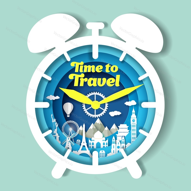 Time to travel vector poster banner design template. Paper cut craft style clock with world famous landmarks silhouettes. Worldwide travel.