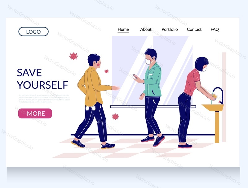 Save yourself during virus pandemic vector website template, landing page design for website and mobile site development. Social distancing, washing hands. Corona virus infection spread prevention.