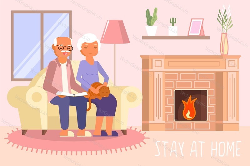 Corona virus pandemic. Elderly couple sitting on sofa at fireplace in living room vector flat illustration. Stay home to save lives, self isolation quarantine social distancing to prevent virus spread