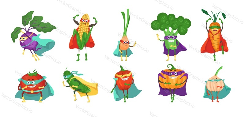 Funny superhero vegetable cartoon character set, flat vector isolated illustration. Cute veggies kohlrabi, onion, broccoli, carrot, tomato, garlic, pumpkin, cucumber, corn in super hero cape and mask.
