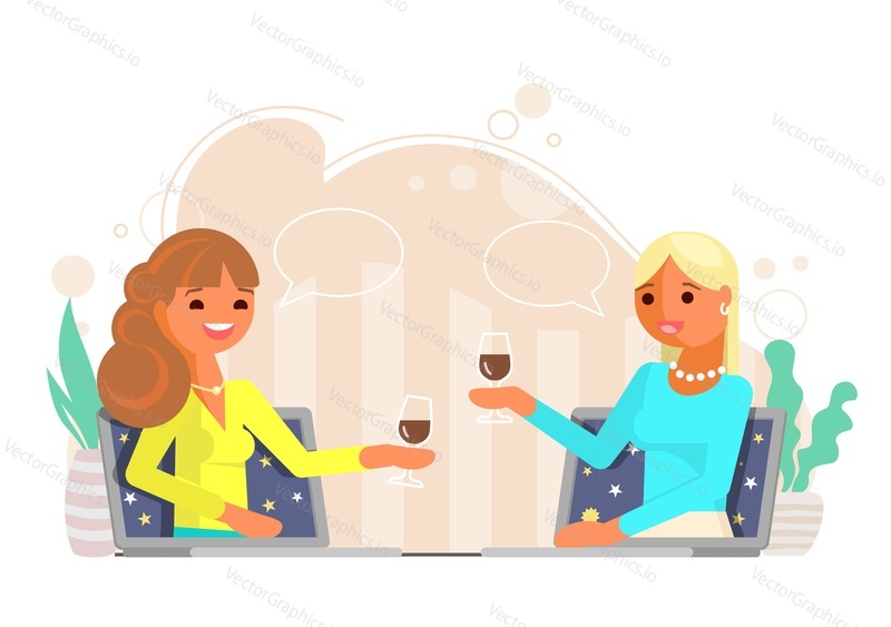 Online friends meeting, vector flat illustration. Two cute girls toasting with wine glasses and chatting using video call modern communication technology. Virtual party, birthday, video chat.