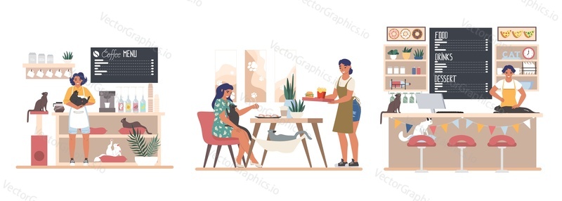 People pet lovers visiting cat cafe, flat vector illustration set. Male and female characters, cafe staff customers playing with adorable cats, petting cute kittens, eating sushi, fast food, desserts.