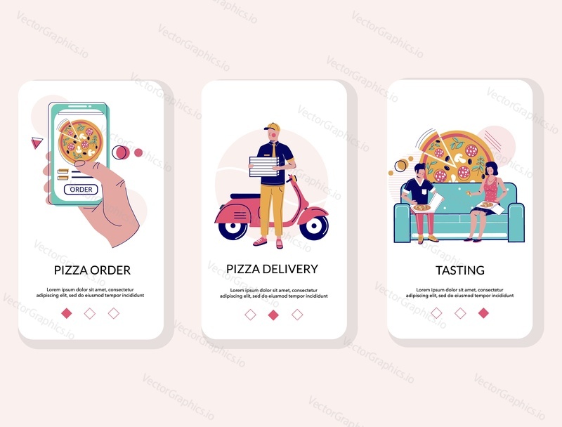 Pizza order, delivery and tasting mobile app onboarding screens. Menu banner vector template for website and application development. Pizza online order with delivery service.