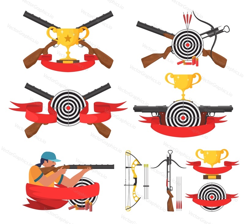 Shooting and archery club logo, label, emblem set, flat vector isolated illustration. Shooting club badges.
