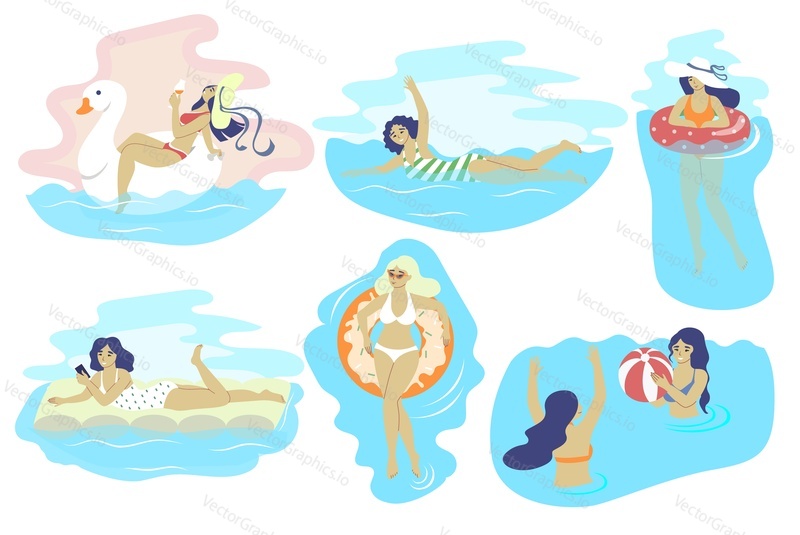 Pretty girls playing ball, sunbathing, relaxing on air mattresses in swimming pool, vector flat isolated illustration. Women taking rest, swimming in sea with inflatable rings. Summer beach vacation.