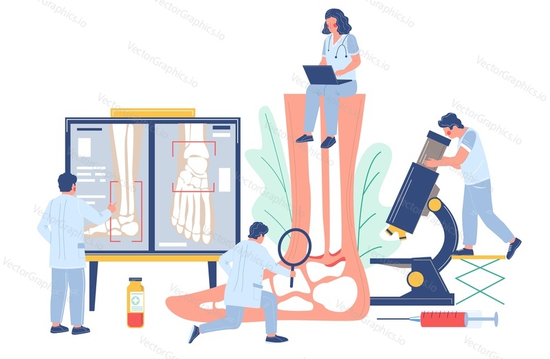 Ankle and foot arthritis. Tiny doctor characters examining human foot joints using microscope, magnifier, xray pictures, flat vector illustration. Osteoarthritis, rheumatoid arthritis, joint disease.
