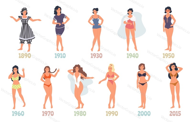 Pretty beach girls wearing swimsuits, vector flat isolated illustration. Swimming suits from bathing outfit to bikini. Summer swimsuit collection. Bathing suit evolution from 1890s until 2010s.