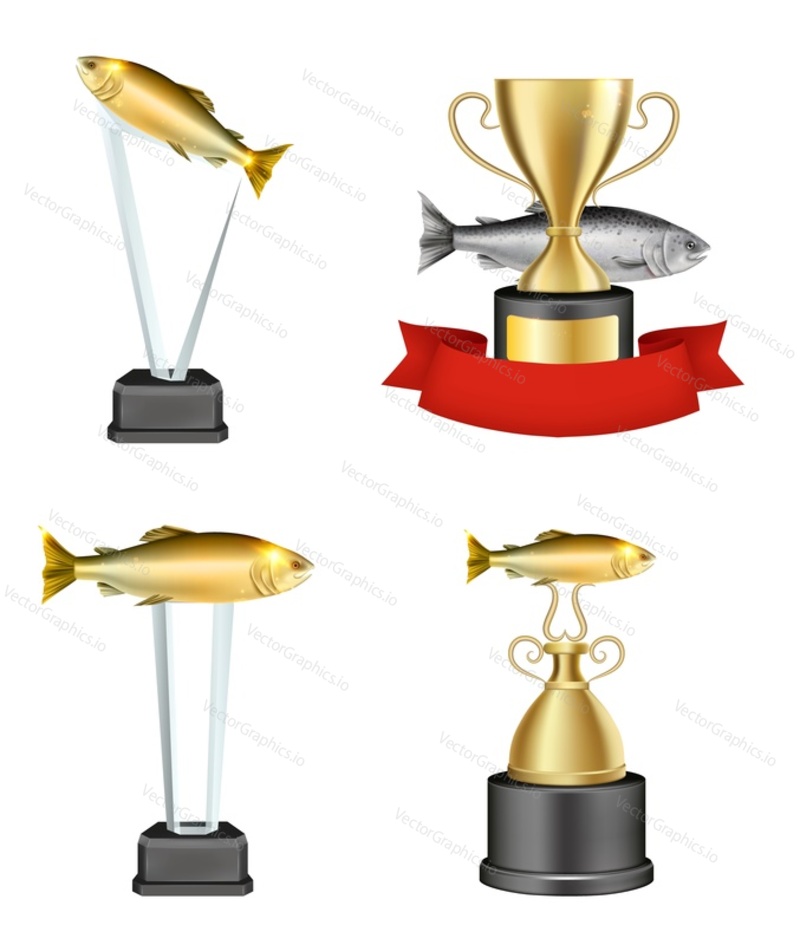 Acrylic glass and metal fishing trophy mockup set, vector isolated illustration. Realistic fishing championship winner award, plaque, prize on pedestal.