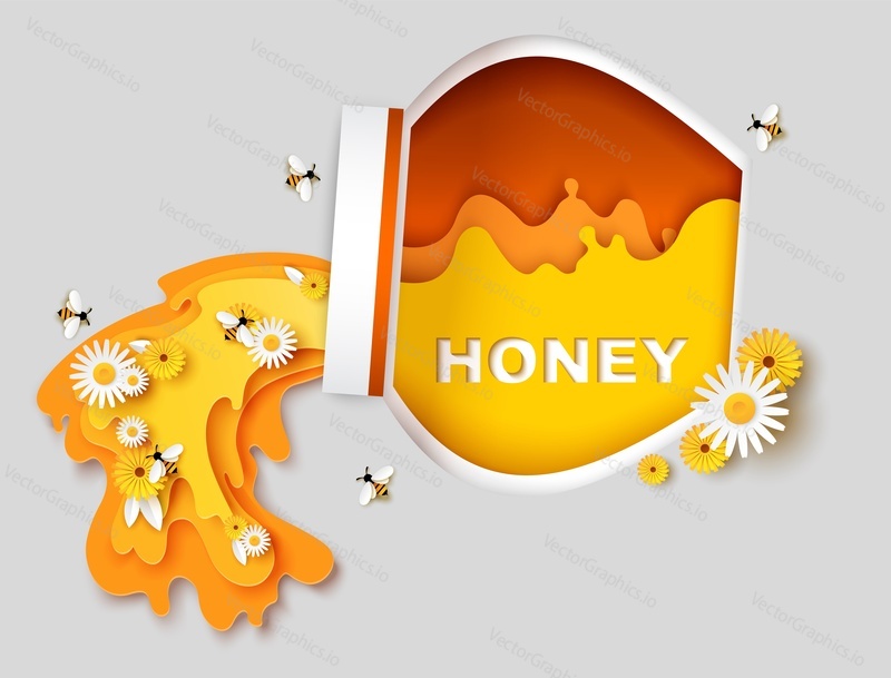 Natural sweet honey vector poster template. Paper cut craft style glass honey jar, cute bees flying over flowers and collecting nectar. Beekeeping, organic honey product logo, label.