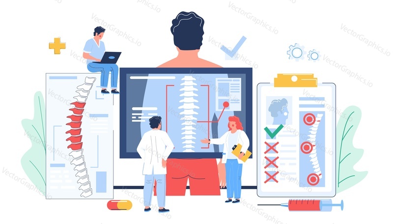 Osteopathy session and treatment. Tiny doctor characters examining scan of patient spine, flat vector illustration. Man having bone desease. Osteopathic medicine.
