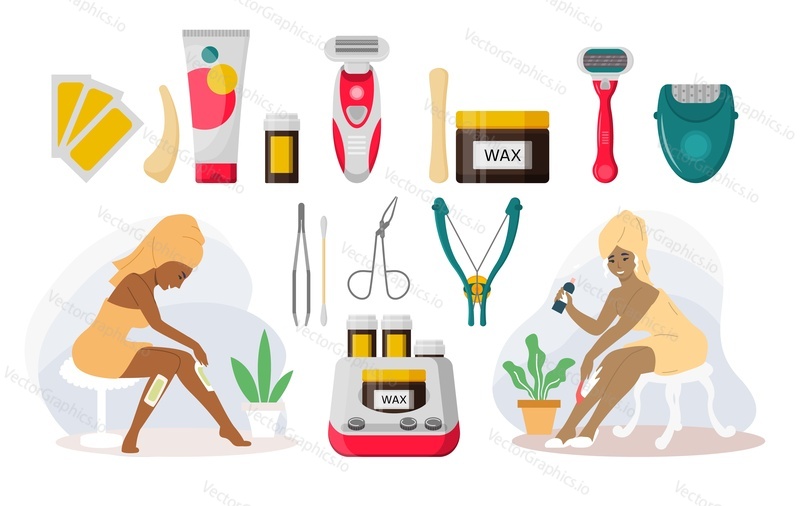 Hair removal tool set, flat vector illustration. Facial and leg hair removal products, devices. Electric epilator, shaver, razor, waxing strips, wax, cream, eyebrow thread tweezers. Shaving depilation