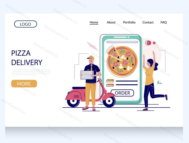 Pizza delivery vector website template, web page and landing page design for website and mobile site development. Fast pizza food delivery service.
