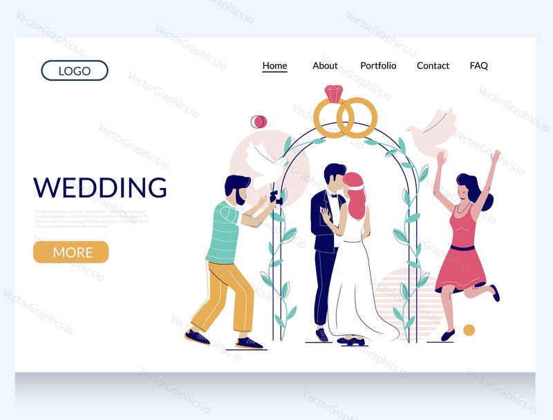 Wedding vector website template, web page and landing page design for website and mobile site development. Photographer taking photo of newlywed couple standing near wedding arch, girl releasing doves