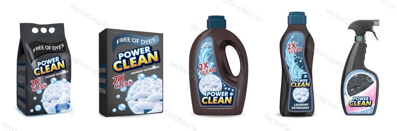 Black laundry detergent pack mockup set, vector illustration isolated on white background. Washing powder plastic bag, cardboard box and liquid laundry detergent plastic bottles.