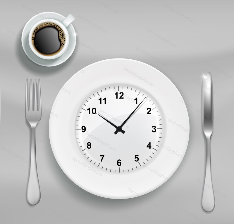 Time to have lunch vector poster, banner design template. Plate with clock, fork and knife, cup of coffee, top view illustration. Lunch time.