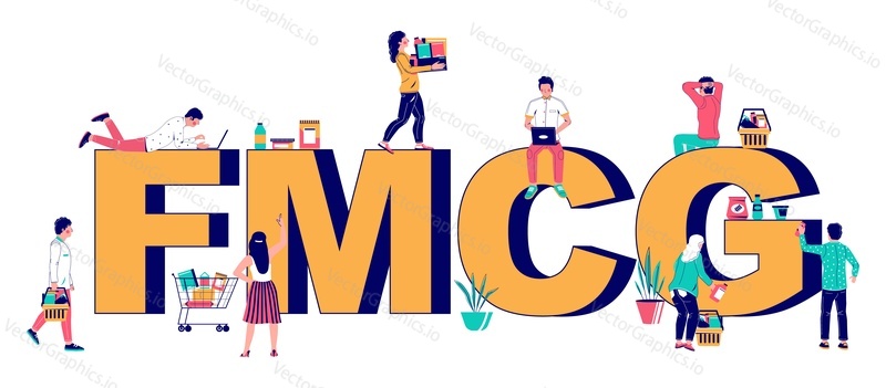 FMCG fast moving consumer goods typography banner. Buyers with shopping cart and basket, flat vector illustration. Low cost and sold quickly products. Business and commerce, FMCG retail.