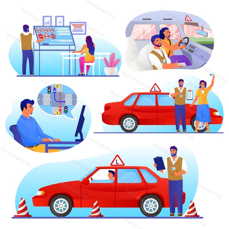 Driving school set, flat vector isolated illustration. People learning traffic rules, driving car with instructor, passing exam, getting licence. Driver education, online lessons.