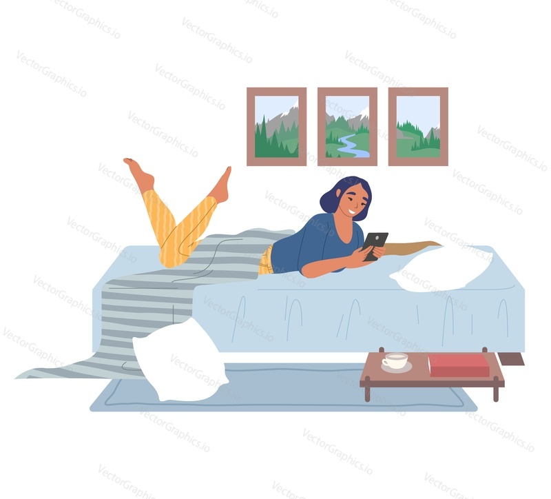 Young woman lying on the bed with mobile phone, flat vector illustration. Smiling girl chatting with friends using smartphone, surfing the net, checking phone. Bedroom interior.