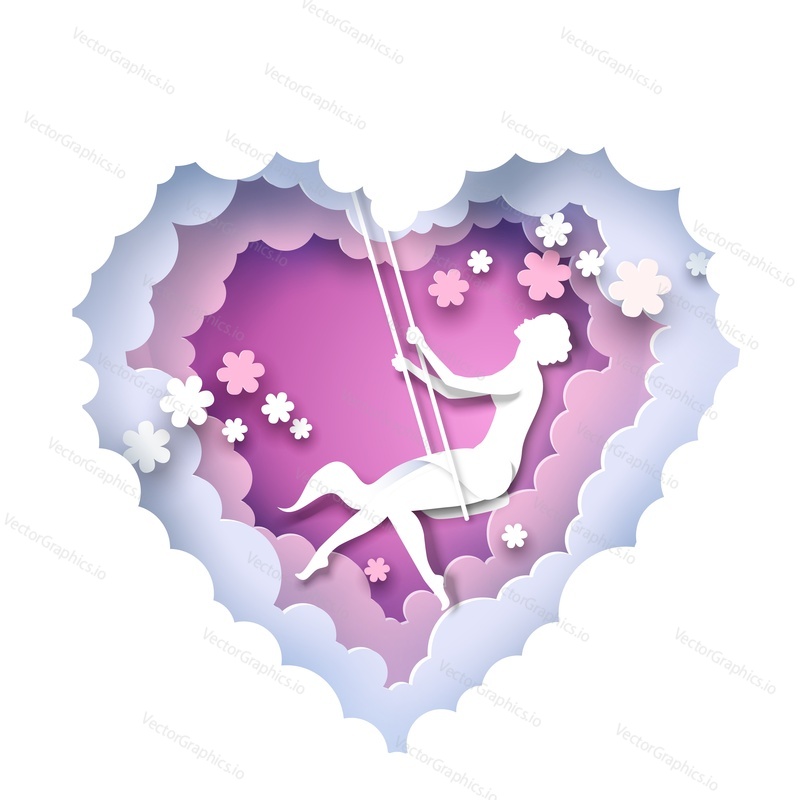Paper cut craft style heart with young woman silhouette swinging on swing, vector illustration. Romantic girl. Valentine Day greeting card.