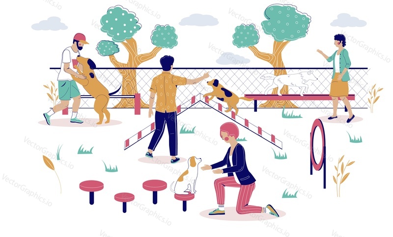 Male and female characters pet owners, trainers playing with dogs on playground in city park, vector flat illustration. People training, teaching dogs basic commands.