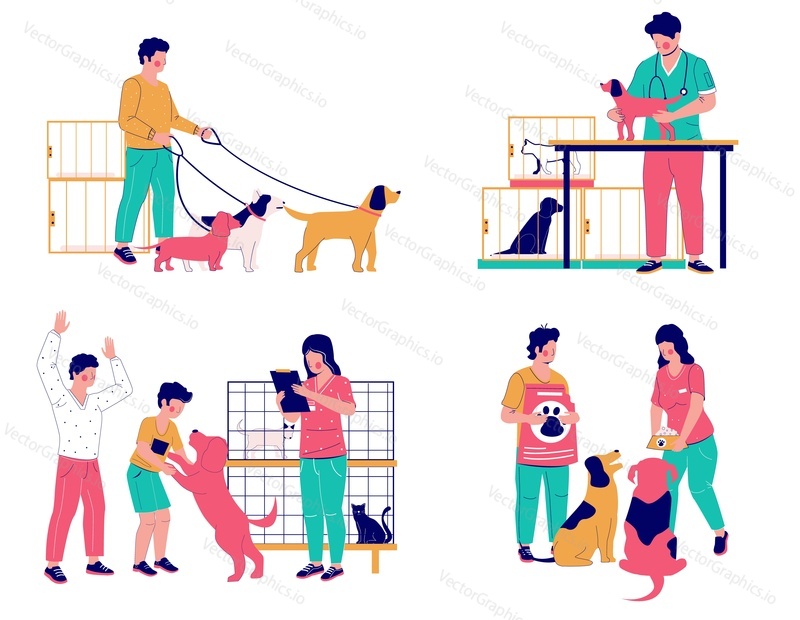Pet care set, vector flat isolated illustration. Animal shelter, volunteering with cats and dogs, walking dogs, pet feeding, homeless and stray pets adoption, veterinary care.