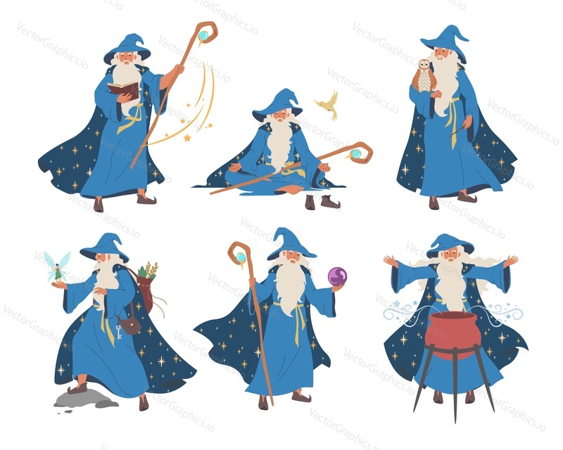 Wizard, magician cartoon character set, flat vector illustration. Old beard man in blue wizards robe hat. Warlock, sorcerer with magical wand, cauldron. Mystery fantasy witchcraft, magic Merlin spells