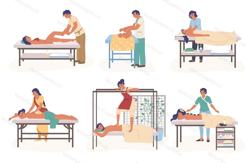 Massage therapy composition set, vector flat isolated illustration. People receiving and giving relaxing, healing body massage to women, baby. Treatment for reducing stress, pain and muscle tension.