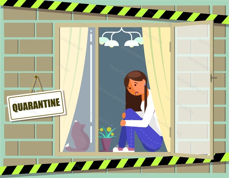 Home quarantine virus epidemic vector poster. Young girl in self isolation. Coronavirus respiratory disease prevention and awareness. Woman fell sick from corona virus and stay at home