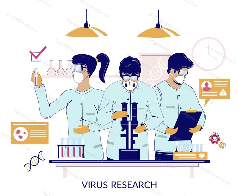 Coronavirus research concept vector flat illustration. Group of medical scientists in lab coats, face masks and glasses working in science laboratory developing novel coronavirus vaccine, drugs, tests