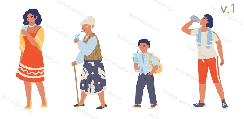 People of different ages drinking water, vector flat isolated illustration. Young man and woman, schoolboy, grandmother drinking pure fresh water from plastic bottle and glasses with straws.