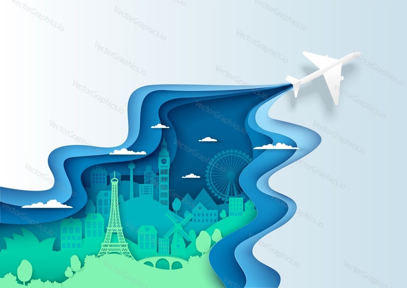 Air travel, vector aerial view layered paper cut style illustration. Airplane flying over world famous landmark silhouettes. International tourism, travel by air, global leisure activity.