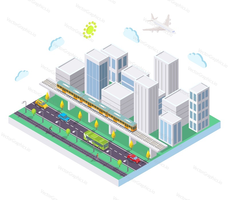 Isometric city with public transport, flat vector illustration. Taxi car, bus, rapid transit metro train. Urban transportation.