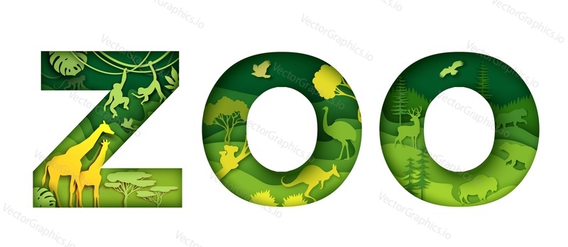 Wild Zoo animals typography banner template. Zoo word with paper cut style African Safari park, Australian, leaf forest animal silhouettes. Giraffe monkey kangaroo koala bear deer bison ostrich tiger