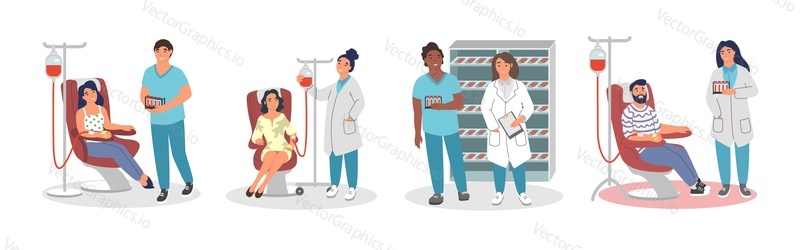 Volunteers male and female characters donating blood while sitting in hospital medical chairs, vector flat isolated illustration. Blood donation, World Blood Donor Day concept for poster, banner etc.
