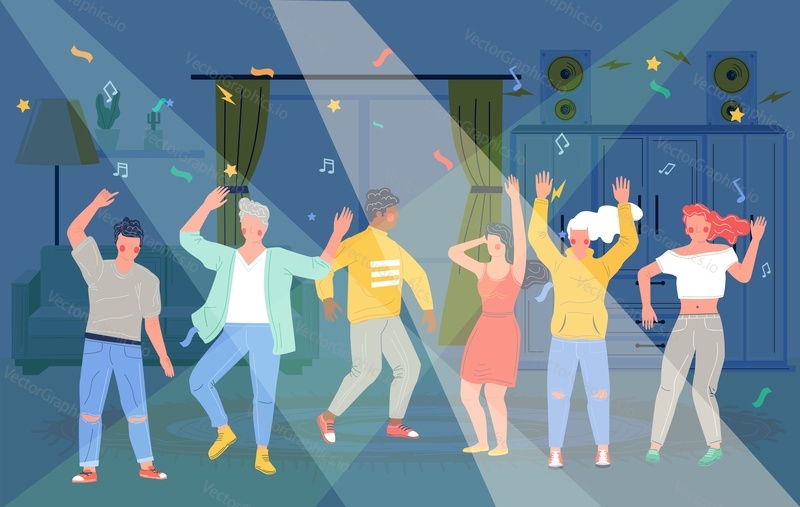 Home party. Happy people friends dancing, taking rest and having fun, vector flat illustration. Birthday party, home discotheque.