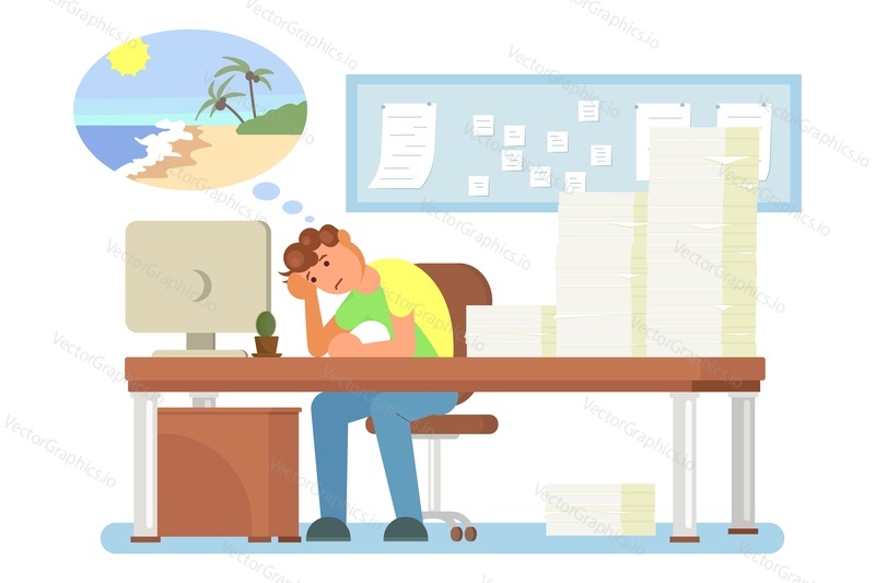 Overworked tired office man sitting at table in front of computer with head reclined upon his hand, vector flat illustration. Work burnout, mental fatigue, emotional exhaustion, work related stress.