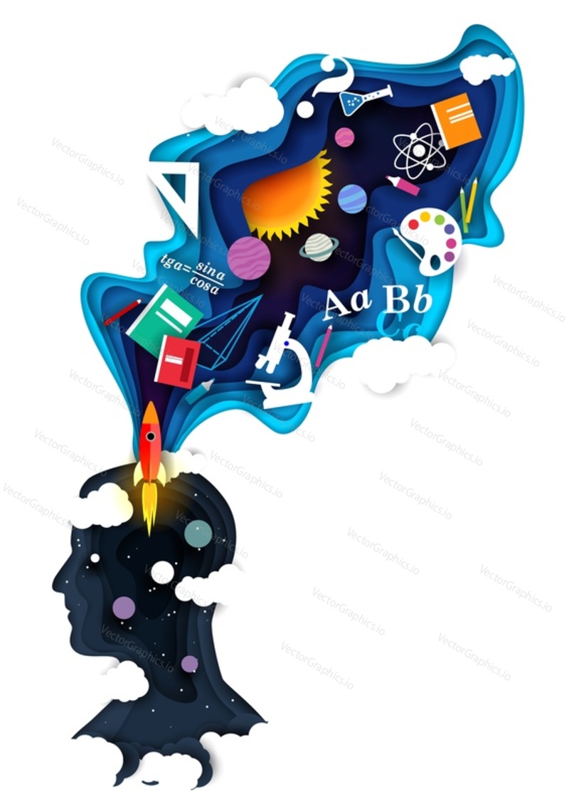 Vector layered paper cut style human head silhouette with flying up rocket, school supplies, education and science symbols. Creative mind, knowledge and education concept.