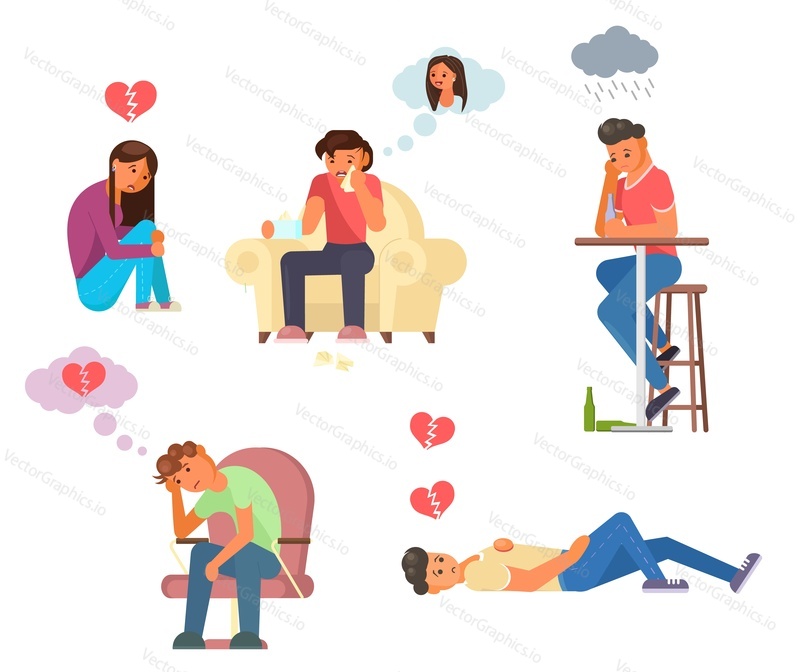 Lonely sad unhappy male and female cartoon characters with broken hearts, vector flat isolated illustration. Unhappy love relatioship concept for poster, banner etc.