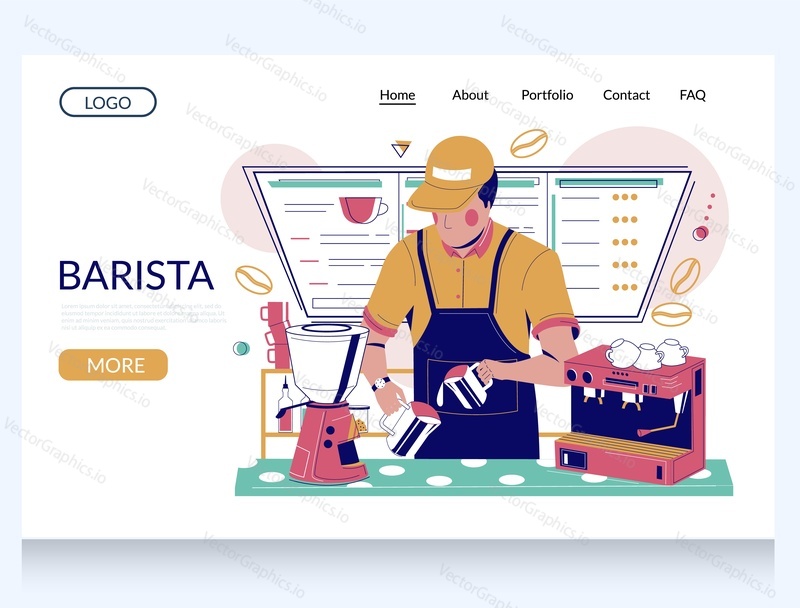 Barista making coffee vector website template, web page and landing page design for website and mobile site development. Bartender preparing coffee drink standing ar bar counter.